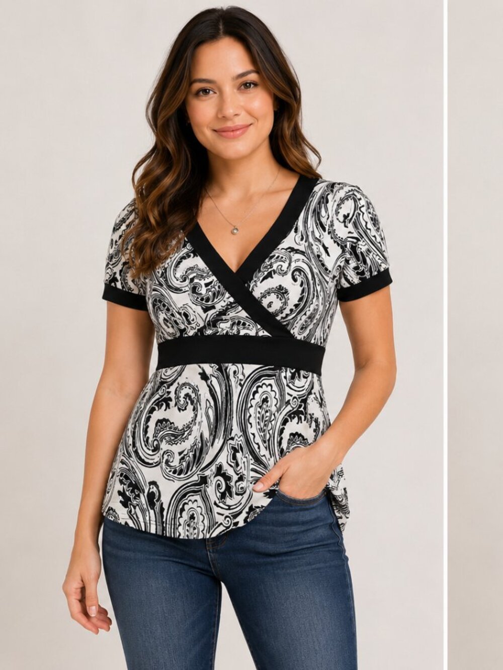 Jessica Petite M Black & White Paisley Faux Wrap Shirt